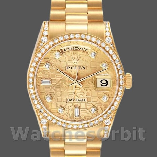 Unisexs Rolex Day-Date 36mm Unisex-118388-Yellow Gold-Champagne Diamond Dial Champagne Replica Image