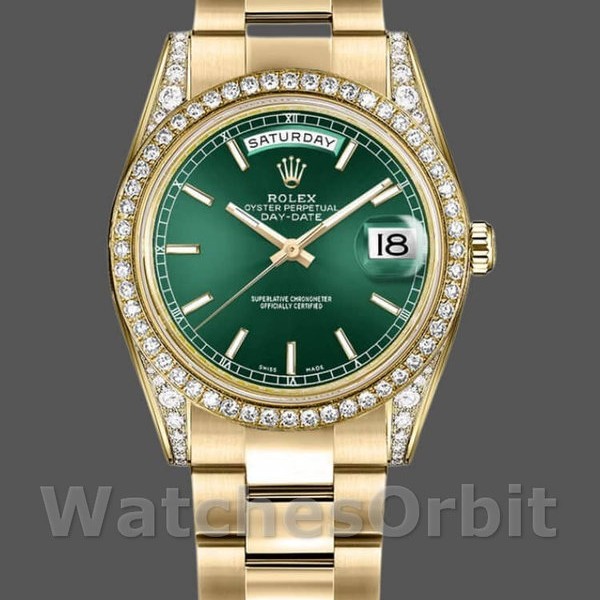 Unisexs Rolex Day-Date 36mm Unisex-118388-Yellow Gold-Green Index Dial Green Replica Image