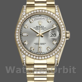 Unisex's Rolex Day-Date 36mm Unisex-118388-Yellow Gold-Silver Diamond Dial Silver