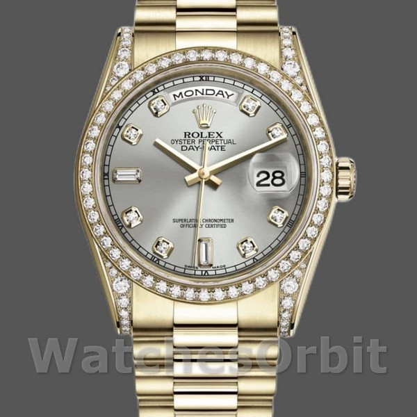 Unisexs Rolex Day-Date 36mm Unisex-118388-Yellow Gold-Silver Diamond Dial Silver Replica Image