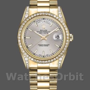 Unisex's Rolex Day-Date 36mm Unisex-118388-Yellow Gold-Silver Index Dial Silver
