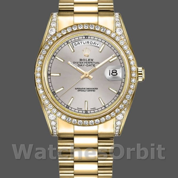 Unisexs Rolex Day-Date 36mm Unisex-118388-Yellow Gold-Silver Index Dial Silver Replica Image