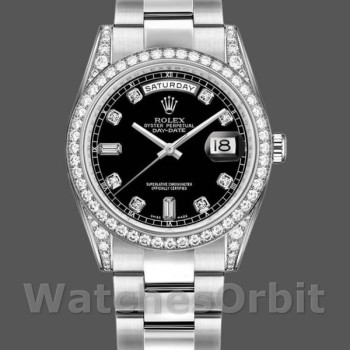Unisex's Rolex Day-Date 36mm Unisex-118389-Diamond Bezel-Black Diamond Dial Black<br />