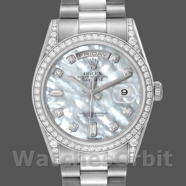 Unisexs Rolex Day-Date 36mm Unisex-118389-Diamond Bezel-MOP White Dial MOP Replica Image