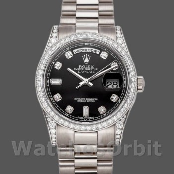Unisex's Rolex Day-Date 36mm Unisex-118389-White Gold-Black Diamond Dial Black<br />