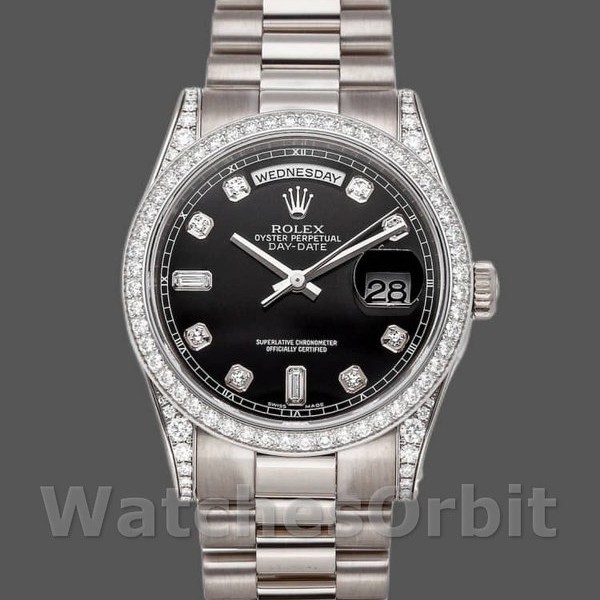 Unisexs Rolex Day-Date 36mm Unisex-118389-White Gold-Black Diamond Dial Black<br /> Replica Image