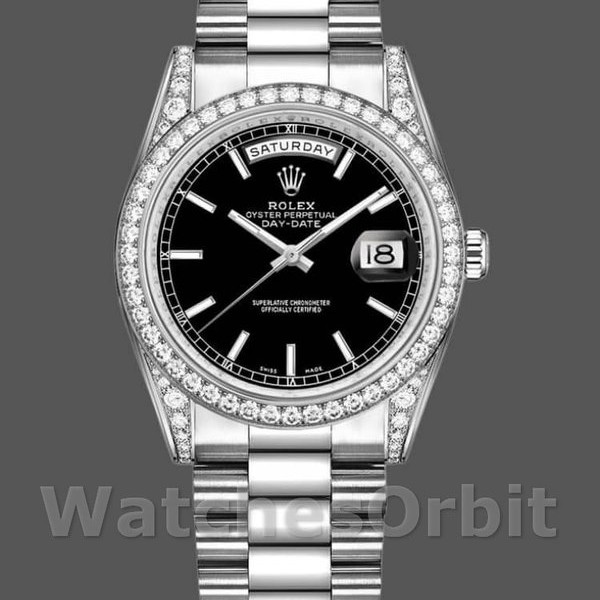 Unisexs Rolex Day-Date 36mm Unisex-118389-White Gold-Black Index Dial Black<br /> Replica Image