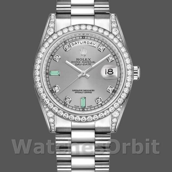 Unisexs Rolex Day-Date 36mm Unisex-118389-White Gold-Silver Dial Silver Replica Image