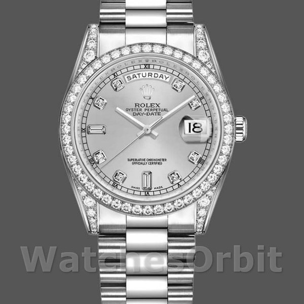 Unisexs Rolex Day-Date 36mm Unisex-118389-White Gold-Silver Diamond Dial Silver Replica Image
