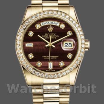 Unisex's Rolex Day-Date 36mm Unisex-118398-Bulls Eye-Brown Diamond Dial Brown<br />