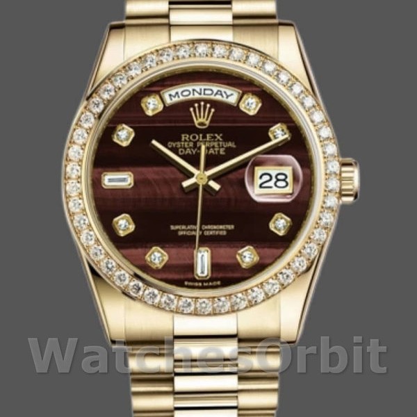 Unisexs Rolex Day-Date 36mm Unisex-118398-Bulls Eye-Brown Diamond Dial Brown<br /> Replica Image