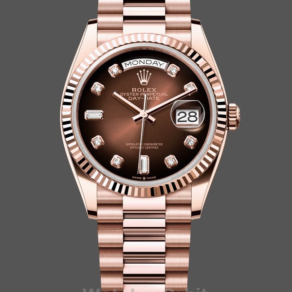 Unisexs Rolex Day-Date 36mm Unisex-128235-Everose Gold-Brown Ombre Diamond Dial Brown Replica Image