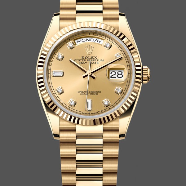 Unisexs Rolex Day-Date 36mm Unisex-128238 0008-Fluted Bezel-Champagne Diamond Dial Champagne Replica Image