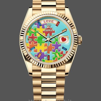 Unisex's Rolex Day Date 36-128238-0106, Yellow Gold, Fluted Bezel, Emoji Puzzle Dial, Puzzle