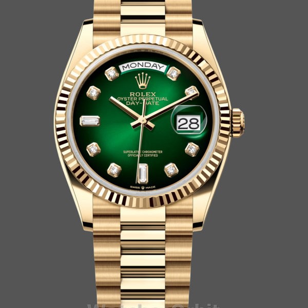 Unisexs Rolex Day-Date 36mm Unisex-128238-Fluted Bezel-Green Diamond Dial Green Replica Image