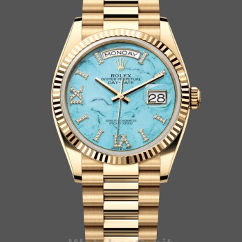 Unisex's Rolex Day-Date 36mm Unisex-128238-Fluted Bezel-Turquoise Diamond Dial Turquoise