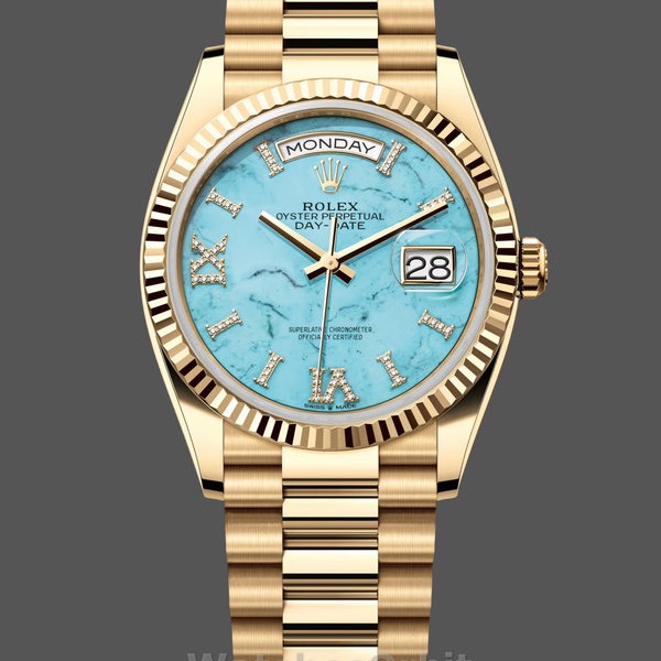 Unisexs Rolex Day-Date 36mm Unisex-128238-Fluted Bezel-Turquoise Diamond Dial Turquoise Replica Image
