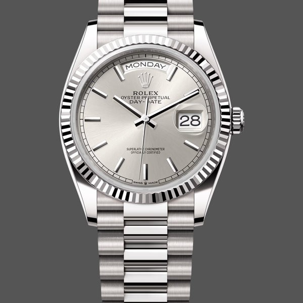 Unisexs Rolex Day-Date 36mm Unisex-128239 0005-White Gold-Silver Index Dial Silver Replica Image