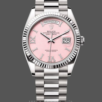 Unisex's Rolex Day-Date 36mm Unisex-128239-White Gold-Pink Opal Dial Luxury