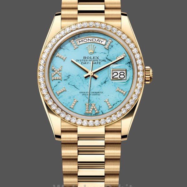 Unisexs Rolex Day-Date 36mm Unisex-128348RBR-Turquoise Diamond Dial-Yellow Gold Turquoise Replica Image
