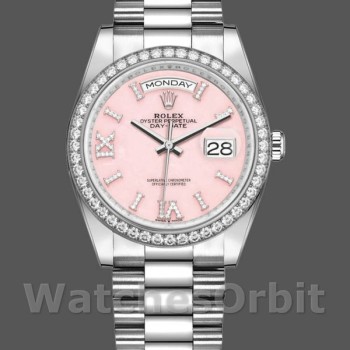 Unisex's Rolex Day-Date 36mm Unisex-128349RBR-Pink Opal Dial-Diamond Bezel Pink