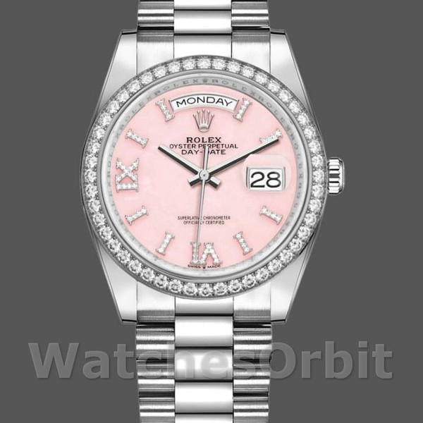 Unisexs Rolex Day-Date 36mm Unisex-128349RBR-Pink Opal Dial-Diamond Bezel Pink Replica Image