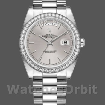 Unisex's Rolex Day-Date 36mm Unisex-128349RBR-Silver Index Dial-Diamond Bezel Silver