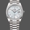 Unisexs Rolex Day-Date 36mm Womens-128349RBR-White Mother of Pearl Dial-Diamond Bezel MOP Replica Image