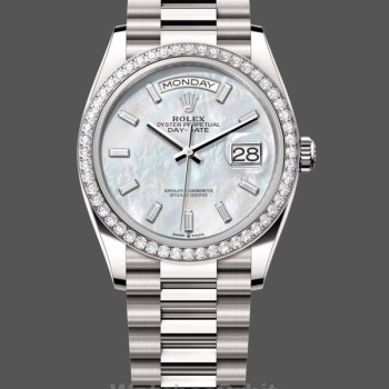 Unisex's Rolex Day-Date 36mm Women's-128349RBR-White Mother of Pearl Dial-Diamond Bezel MOP