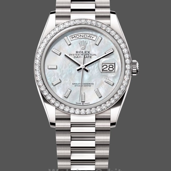 Unisexs Rolex Day-Date 36mm Womens-128349RBR-White Mother of Pearl Dial-Diamond Bezel MOP Replica Image