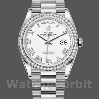Unisex's Rolex Day-Date 36mm Unisex-128349RBR-White Roman Dial-Diamond Bezel White