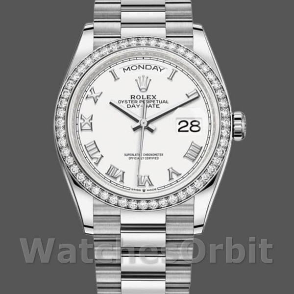 Unisexs Rolex Day-Date 36mm Unisex-128349RBR-White Roman Dial-Diamond Bezel White Replica Image