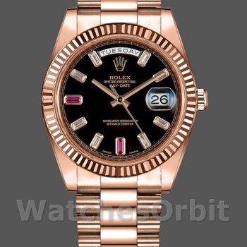 Men's Rolex Day-Date-218235, 41mm, Rose Gold, Black Dial with Diamonds and Rubies, Men’s Black