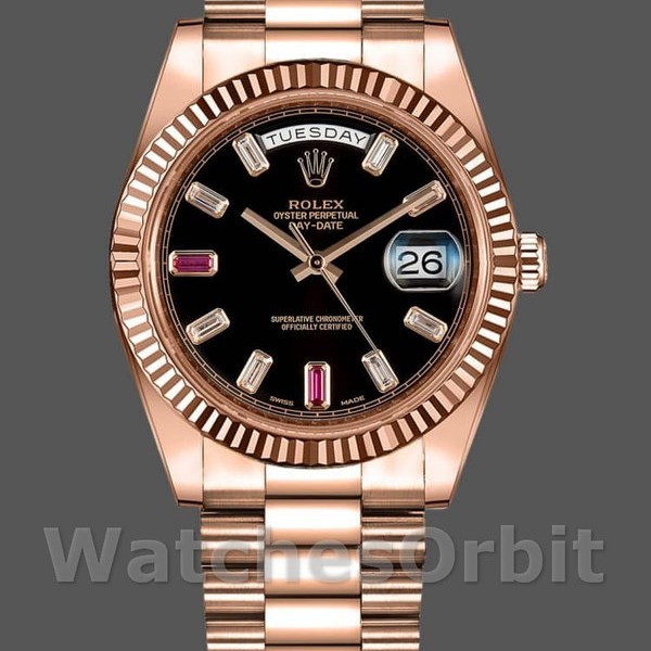 Mens Rolex Day-Date-218235, 41mm, Rose Gold, Black Dial with Diamonds and Rubies, Men’s Black Replica Image