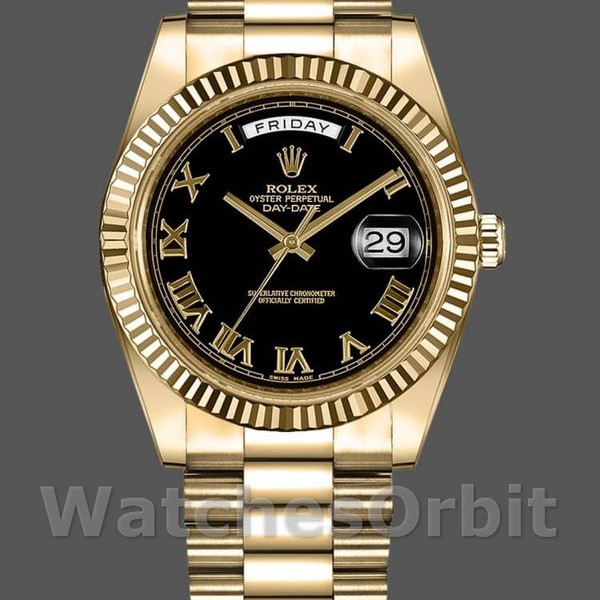 Mens Rolex Day-Date-218238, 41mm, Yellow Gold, Black Roman Numeral Dial, Men’s Black Replica Image