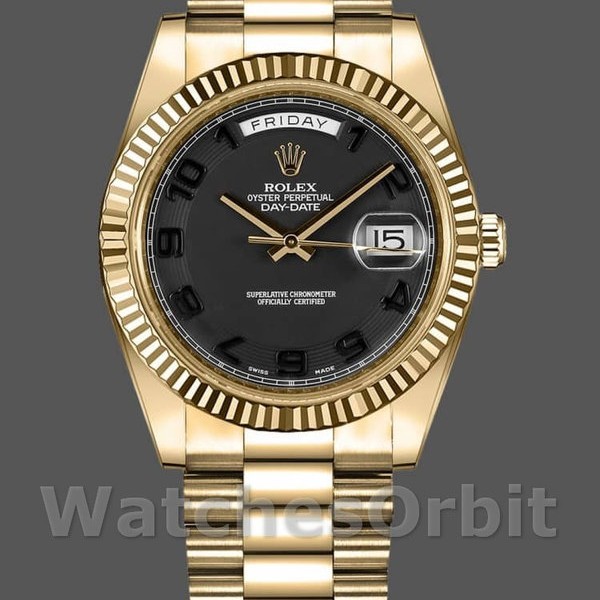 Mens Rolex Day-Date-218238, 41mm, Yellow Gold, Concentric Circle Black Dial, Men’s Black Replica Image