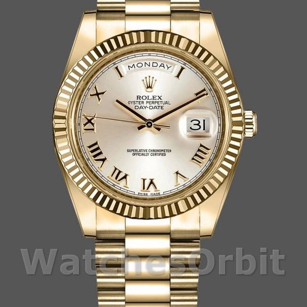 Mens Rolex Day-Date-218238, 41mm, Yellow Gold, Silver Roman Numeral Dial, Men’s Silver Replica Image