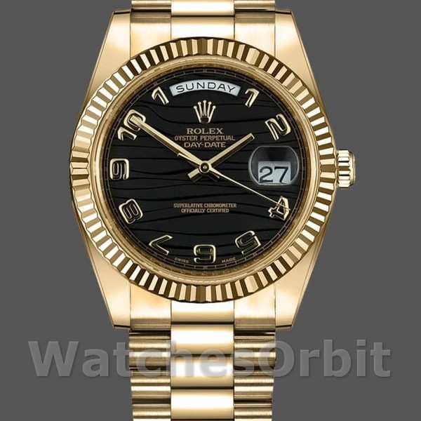 Mens Rolex Day-Date-218238, 41mm, Yellow Gold, Wave Black Dial, Men’s Black Replica Image