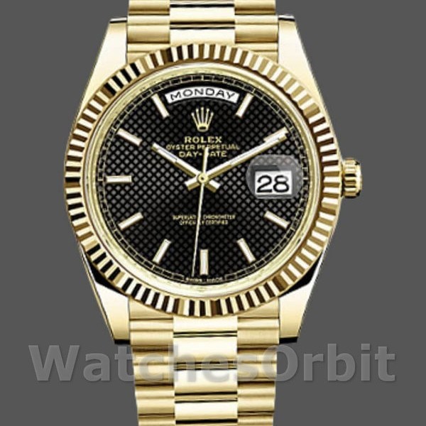 Mens Rolex Day-Date-228238, 40mm, Black Diagonal Motif Dial, Fluted Bezel, Men’s Black Replica Image