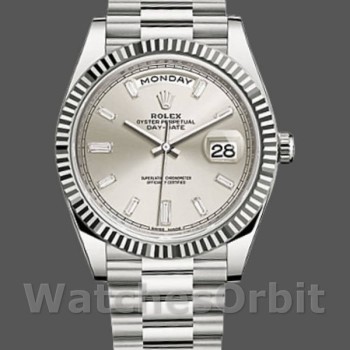 Men's Rolex Day-Date-228239, 40mm, Silver Baguette Diamond Dial, Fluted Bezel, Men’s Silver