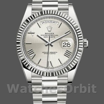 Men's Rolex Day-Date-228239, 40mm, Silver Quadrant Motif Roman Dial, Fluted Bezel, Men’s Silver