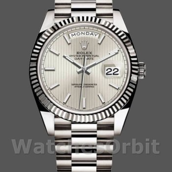 Men's Rolex Day-Date-228239, 40mm, Silver Stripe Motif Dial, Fluted Bezel, Men’s Silver