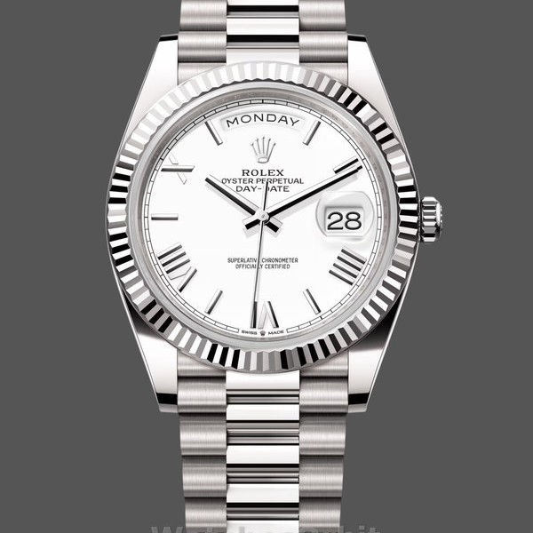 Mens Rolex Day-Date-228239, 40mm, White Roman Dial, Fluted Bezel, Men’s White Replica Image