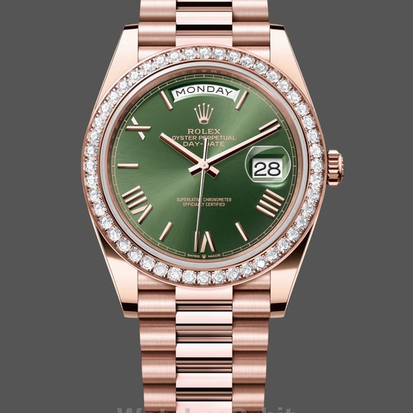 Mens Rolex Day‑Date-228345RBR 0011, 40mm, Olive Green Roman Dial, Diamond Bezel, Men’s Olive Green Replica Watch Image