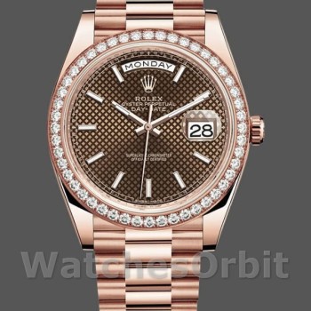 Men's Rolex Day-Date-228345RBR, 40mm, Chocolate Brown Diagonal Motif Dial, Diamond Bezel, Men’s Chocolate Brown