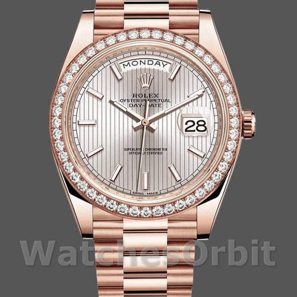 Mens Rolex Day-Date-228345RBR, 40mm, Sundust Stripe Motif Dial, Diamond Bezel, Men’s Sundust Replica Watch Image
