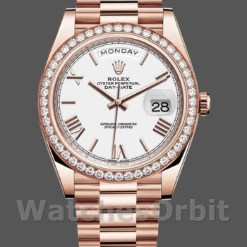 Men's Rolex Day-Date-228345RBR, 40mm, White Roman Dial, Diamond Bezel, Men’s White