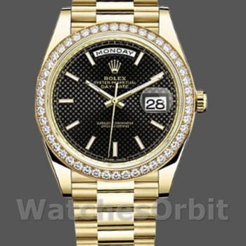 Men's Rolex Day-Date-228348RBR, 40mm, Black Diagonal Motif Dial, Diamond Bezel, Men’s Black