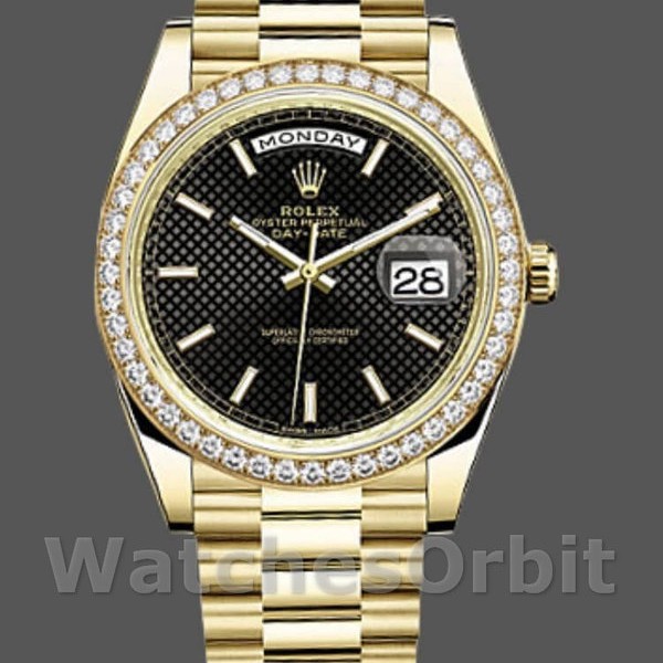 Mens Rolex Day-Date-228348RBR, 40mm, Black Diagonal Motif Dial, Diamond Bezel, Men’s Black Replica Watch Image