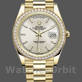 Men's Rolex Day-Date-228348RBR, 40mm, Silver Diagonal Motif Dial, Diamond Bezel, Men’s Silver
